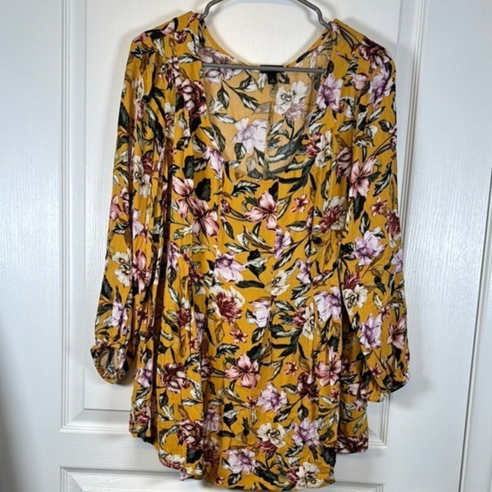 Torrid Mustard Yellow Floral L/S Peplum Babydoll Blouse Size 2/2X EUC #5517